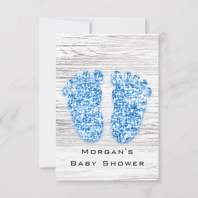 Invitación Gray Gold Baby Shower pies Wood Rustic Boy Blue (Reverso)