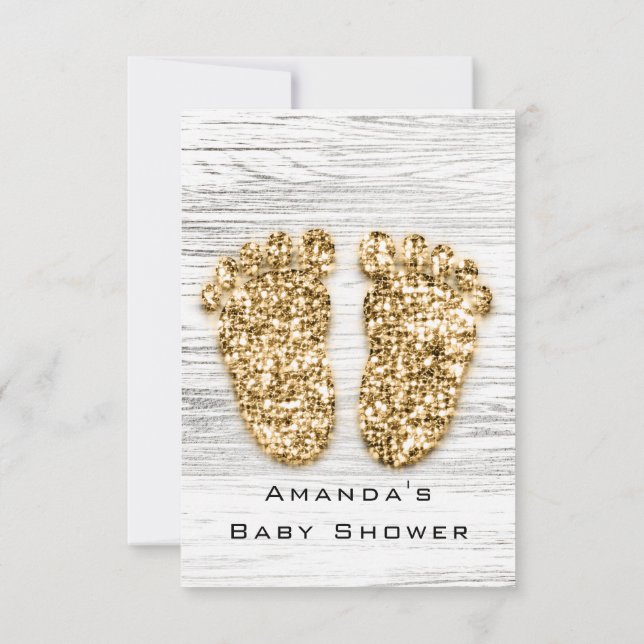 Invitación Gray Gold Baby Shower pies Wood Rústico Chica Boy (Reverso)
