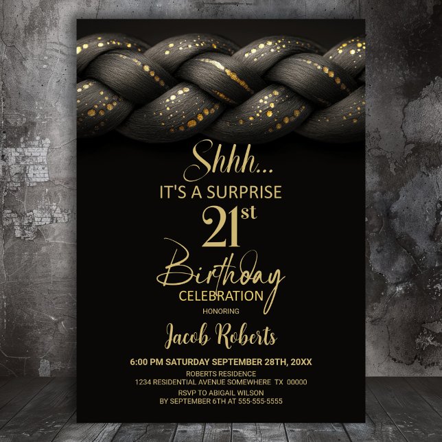 Invitación Gray Gold Braid Surprise 21st Birthday Fiesta (Subido por el creador)