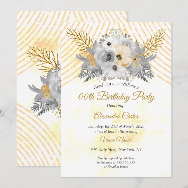 Invitación Gray Gold Sepia Floral Bouquet Fiesta de cumpleaño (Anverso / Reverso)