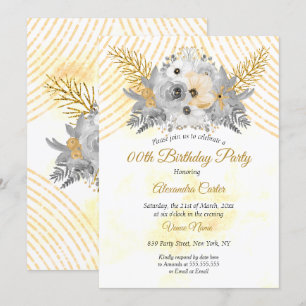 Invitación Gray Gold Sepia Floral Bouquet Fiesta de cumpleaño