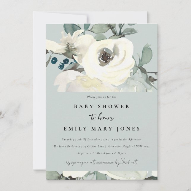 INVITACIÓN GRAY NEUTRAL IVORY BLANCO FLORAL BUNCH BABY SHOWER (Anverso)