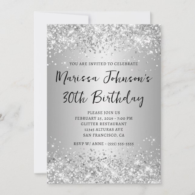 Invitación Gray Ombre, Purpurina de plata espumosa, cumpleaño (Anverso)