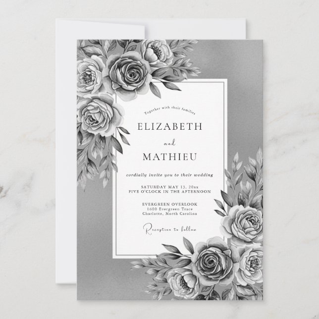 Invitación Gray Painterly Floral Romance Wedding (Anverso)