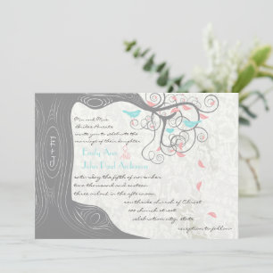 Invitación Gray Peachy Pink Minty Aqua Love Bird Boda