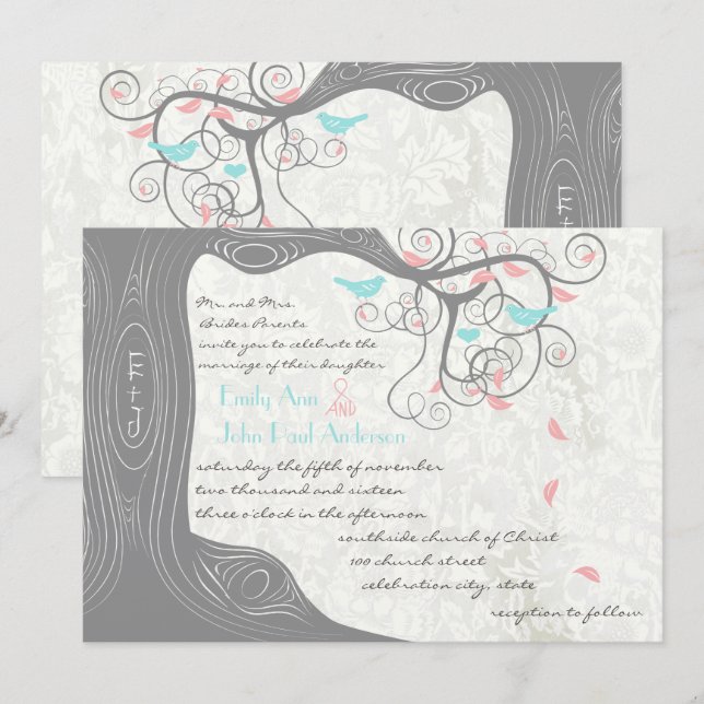 Invitación Gray Peachy Pink Minty Aqua Love Bird Boda (Anverso / Reverso)
