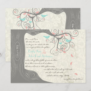 Invitación Gray Peachy Pink Minty Aqua Love Bird Boda