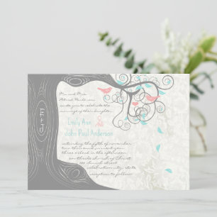 Invitación Gray Peachy Pink Minty Aqua Love Bird Boda