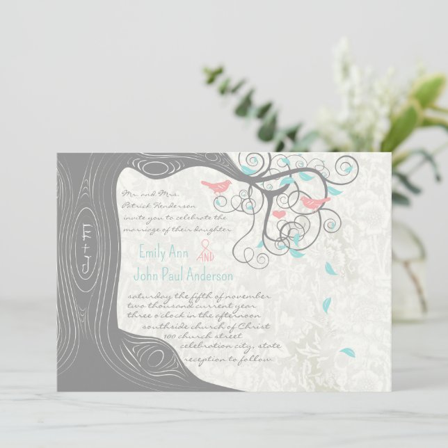 Invitación Gray Peachy Pink Minty Aqua Love Bird Boda (Anverso de pie)