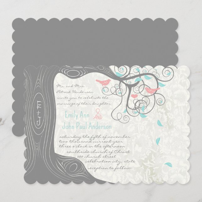 Invitación Gray Peachy Pink Minty Aqua Love Bird Boda (Anverso / Reverso)