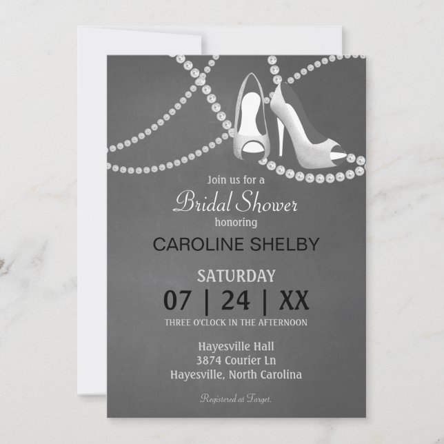 Invitación Gray Pearl y High Heel Bridal Shower (Anverso)