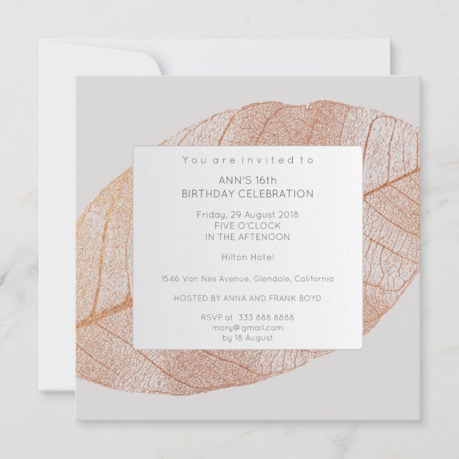 Invitación Gray Pink Rose Gold Leaf Fiesta de cumpleaños (Anverso)