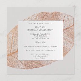 Invitación Gray Pink Rose Gold Leaf Fiesta de cumpleaños