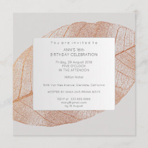 Invitación Gray Pink Rose Gold Leaf Fiesta de cumpleaños