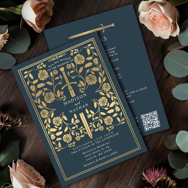 Invitación Gray Royal Medieval Gold Sword Wedding QR Code (Subido por el creador)