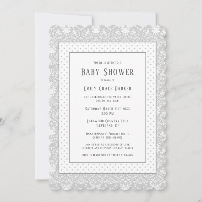 Invitación Gray Shabby Chic Vintage Baby Shower (Anverso)