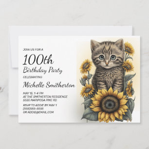 Invitación Gray Tabby Kitten Cat Sunflowers 100 cumpleaños