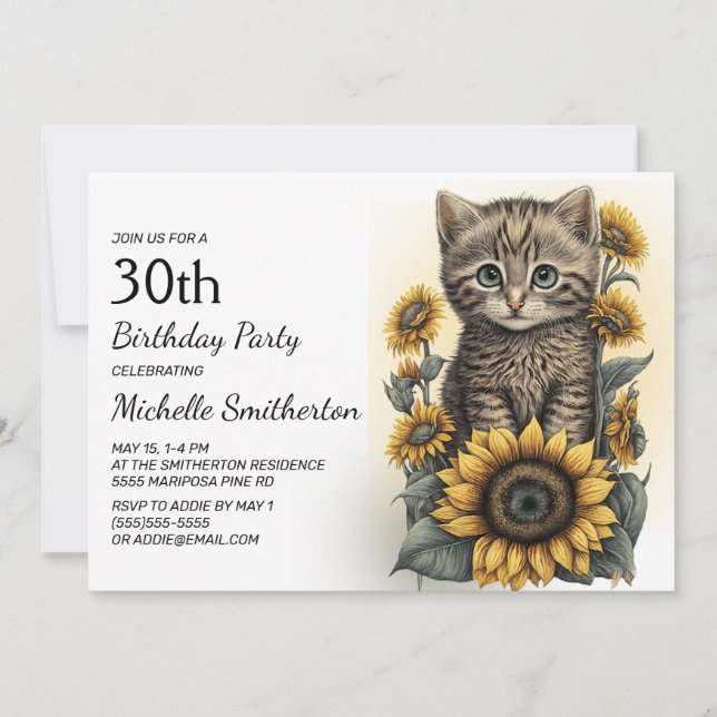 Invitación Gray Tabby Kitten Cat Sunflowers 30 cumpleaños (Anverso)