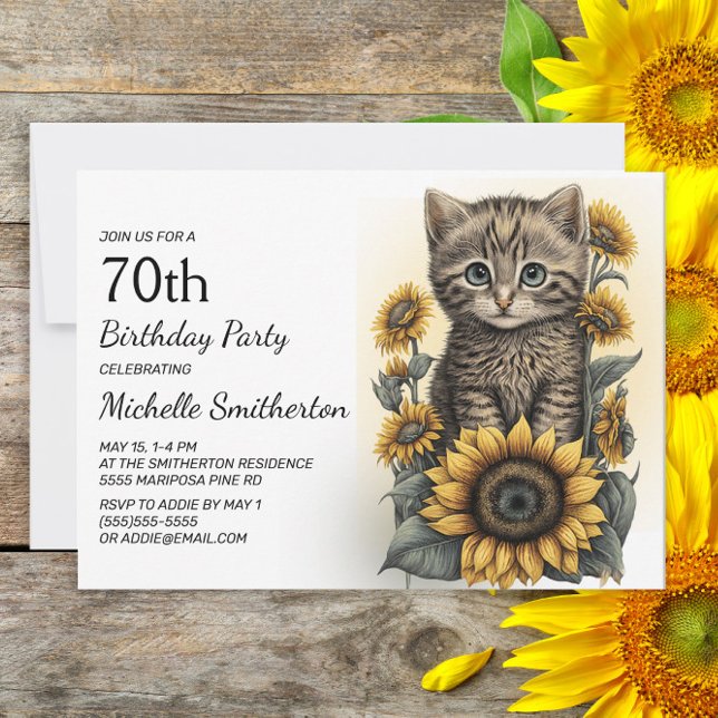 Invitación Gray Tabby Kitten Cat Sunflowers 70 cumpleaños (Subido por el creador)