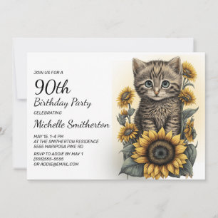 Invitación Gray Tabby Kitten Cat Sunflowers 90º cumpleaños