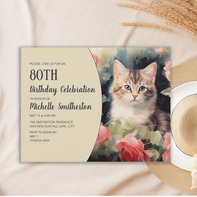Invitación Gray White Kitten 80 cumpleaños (Cute gray and white kitten watercolor 80th birthday party invitation)