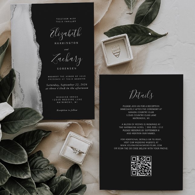 Invitación Gray White Silver Agate Slate QR Code Wedding (Subido por el creador)