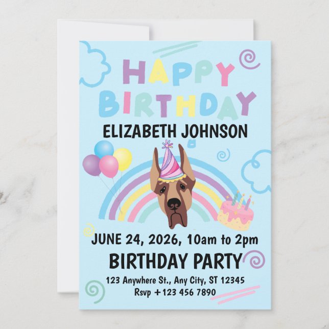 Invitación Great Dane Birthday Invitation in Blue (Anverso)