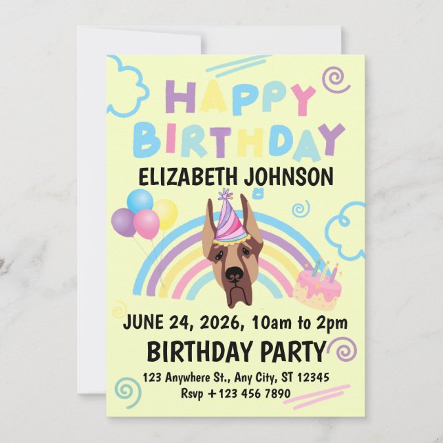 Invitación Great Dane Birthday Invitation in Yellow (Anverso)