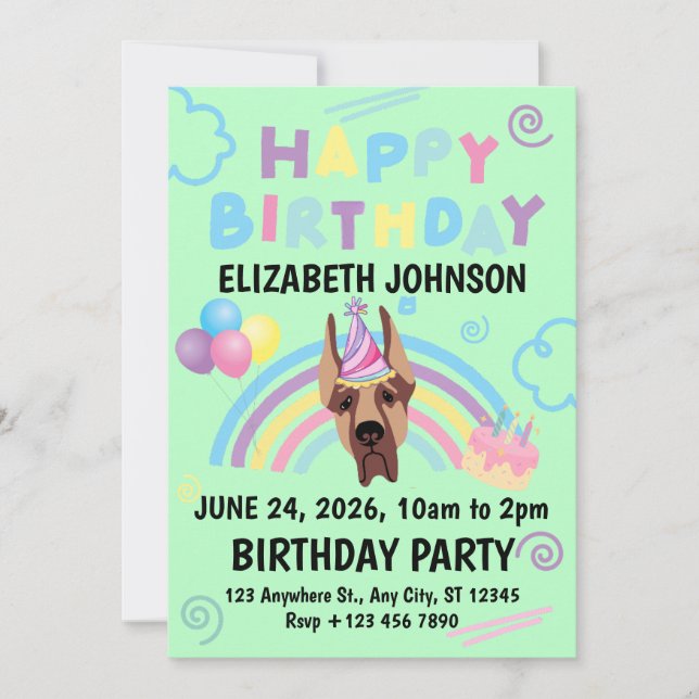 Invitación Great Dane Birthday Party Invitation Green (Anverso)