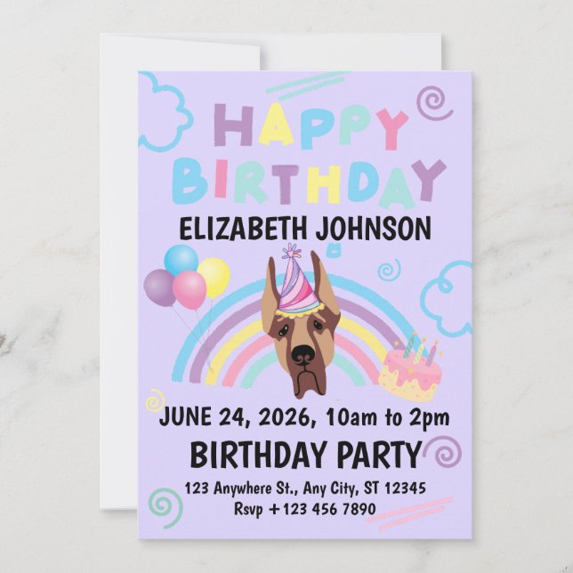 Invitación Great Dane Birthday Party Invitation Purple (Anverso)