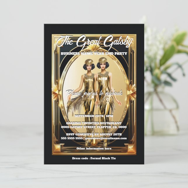 Invitación Great gatsby gold black flappers black tie event  (Anverso de pie)