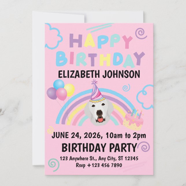 Invitación Great Pyrenees Birthday Invitation Pink (Anverso)
