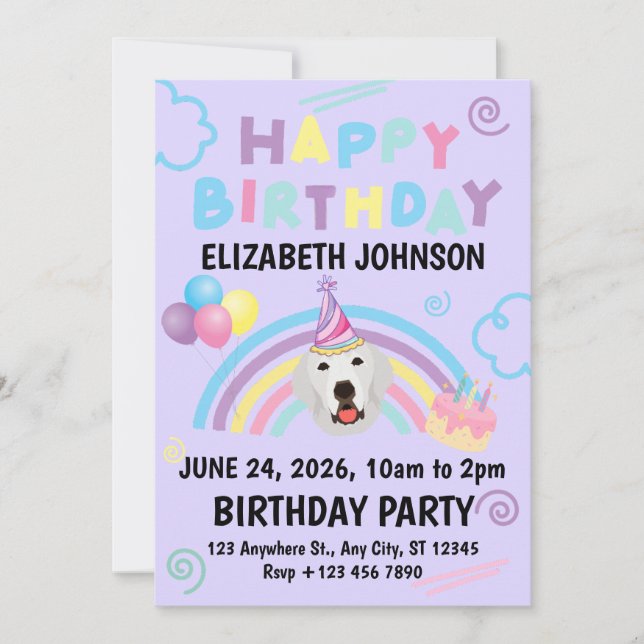 Invitación Great Pyrenees Birthday Party Invitation Purple (Anverso)