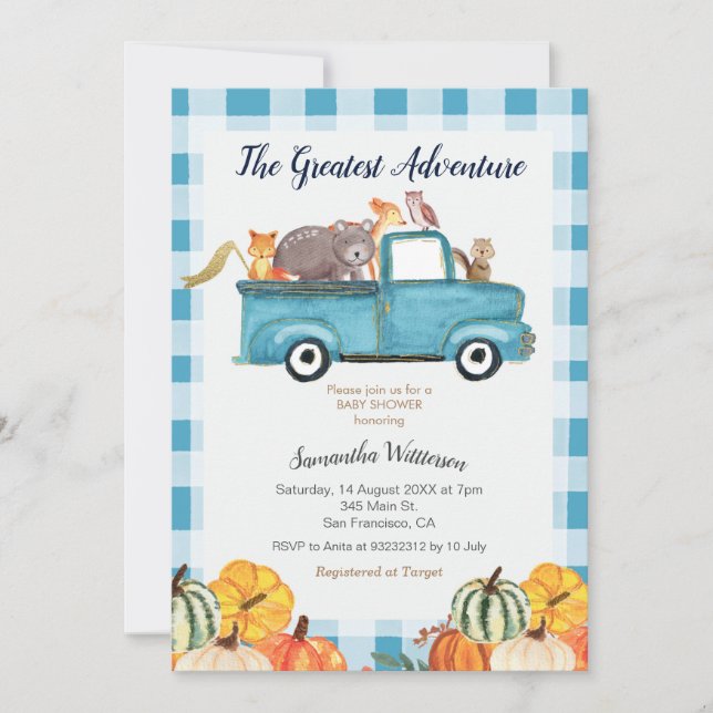 Invitación Greatest Adventure Blue Gingham Autumn Baby Shower (Anverso)