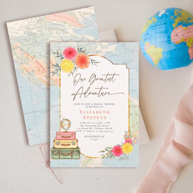 Invitación Greatest Adventure Floral World Map Travel Bridal (travel bridal shower invitation floral watercolor world map suitcases elegant modern chic)