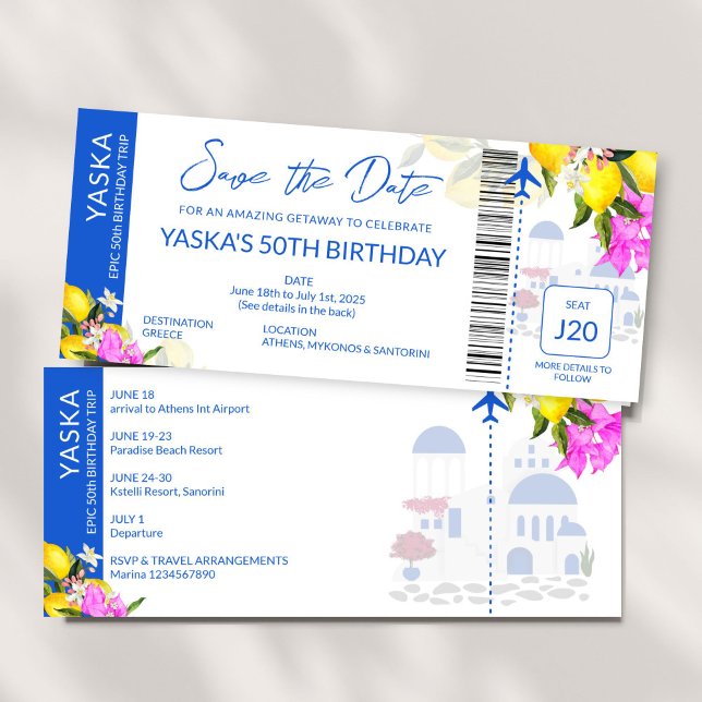 Invitación Grecia Cumpleaños de destino salvo la fecha (Greece Destination birthday party save the date Invitation boarding pass ticket invite card template)