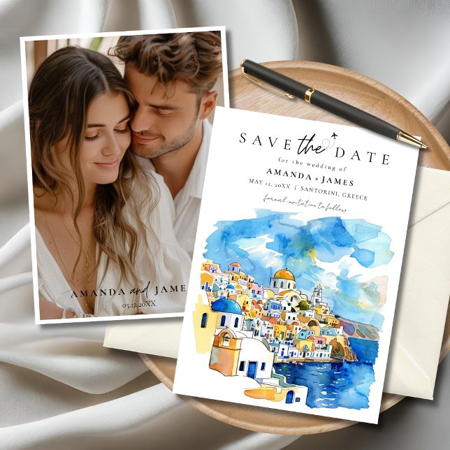 Invitación Grecia Foto de la boda de destino Guardar la fecha (Elegant Santorini wedding save the date card with custom couple photo and watercolor illustration)