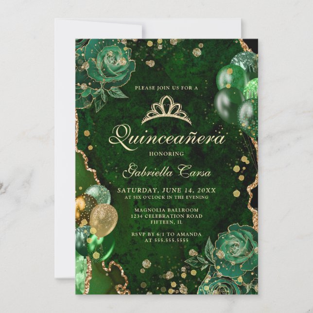 Invitación Gree Gold Floral Agate Foto Quinceanera (Anverso)