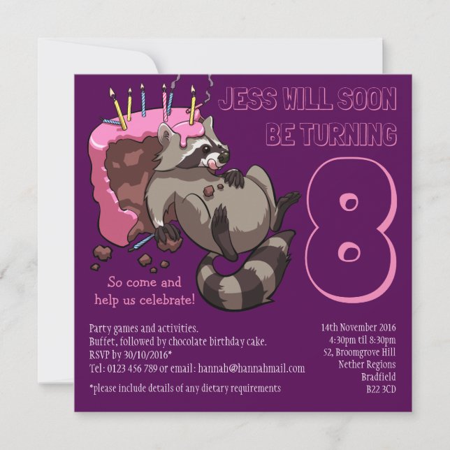 Invitación Greedy Raccoon Birthday Party Cake Personalizado (Anverso)