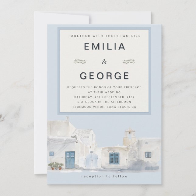 Invitación Greek Blue Destination Wedding | Elegant  (Anverso)
