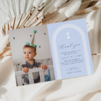 Greek Key Blue Photo Baptism Thank You Card