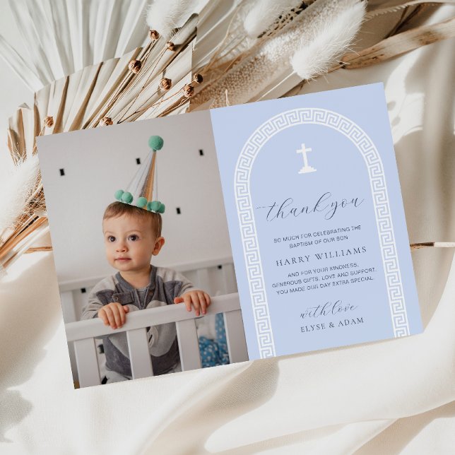 Invitación Greek Key Blue Photo Baptism Thank You Card (Subido por el creador)