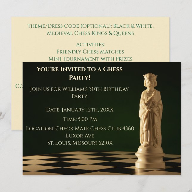 Invitación Green 30 Birthday Fiesta Chess King (Anverso / Reverso)