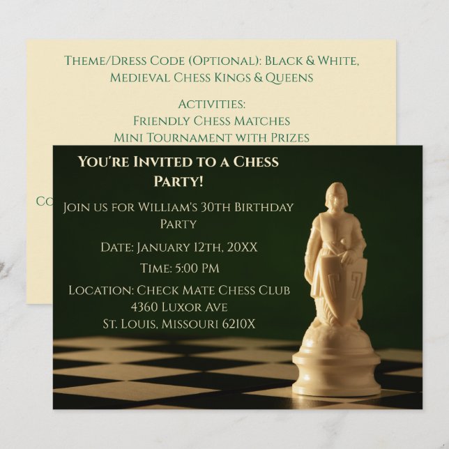 Invitación Green 30 Birthday Fiesta Chess Pawn (Anverso / Reverso)