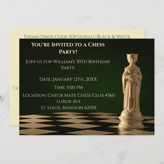 Invitación Green 30 Birthday Fiesta Chess Queen (Anverso / Reverso)