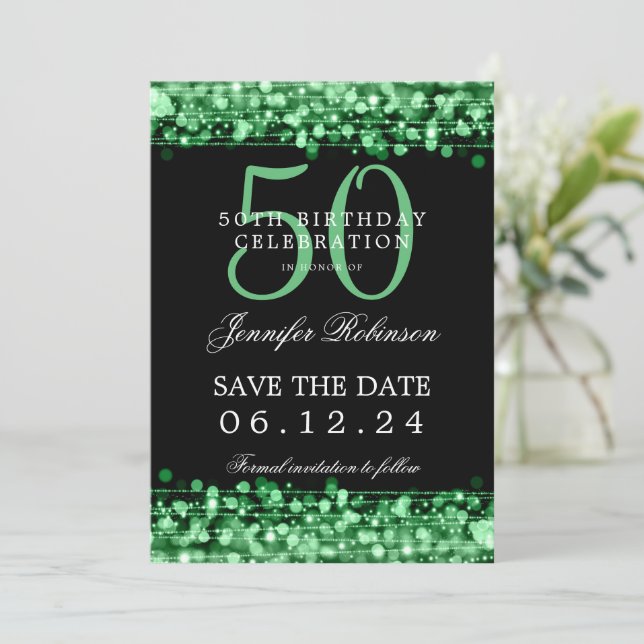 Invitación Green 50th Birthday Party Save Date con detalles (Anverso de pie)
