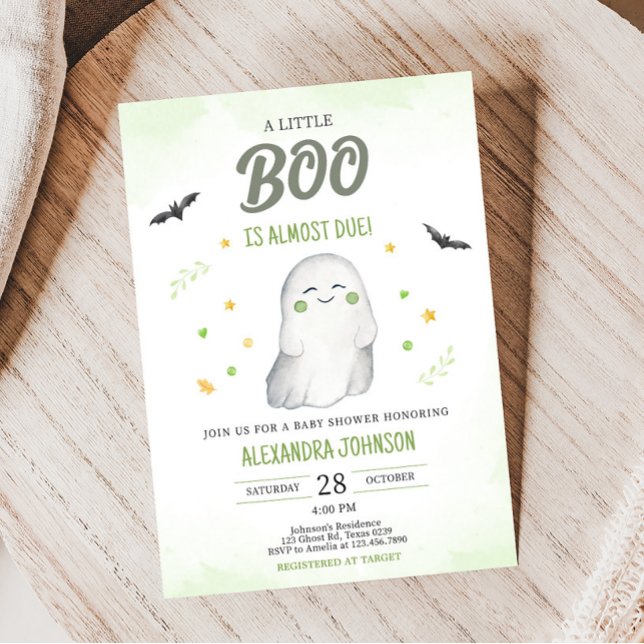 Invitación Green A Little Boo Baby Shower (Green Ghost Halloween Baby Shower Invitation)