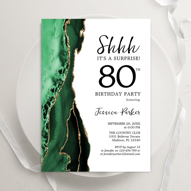 Invitación Green Agate White Gold Surprise Cumpleaños 80 (Subido por el creador)