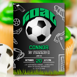 Invitación Green and Black Soccer Ball Birthday Party 