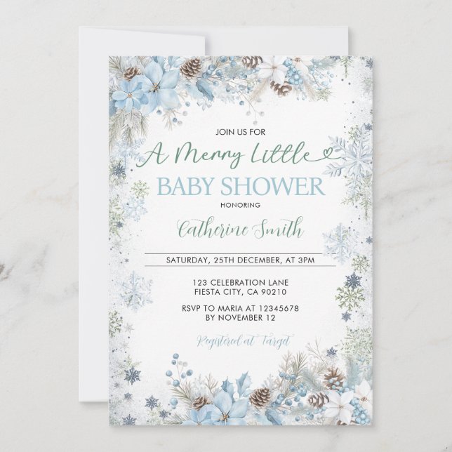 Invitación Green and Dusty Blue A Merry Little Baby Shower  (Anverso)